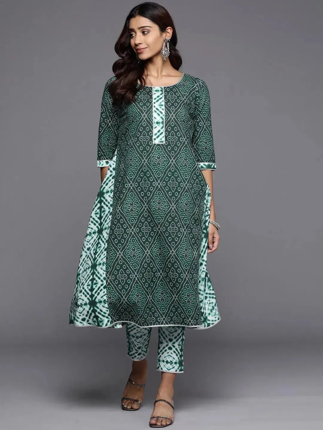 Green Printed Cotton A-Line Kurta