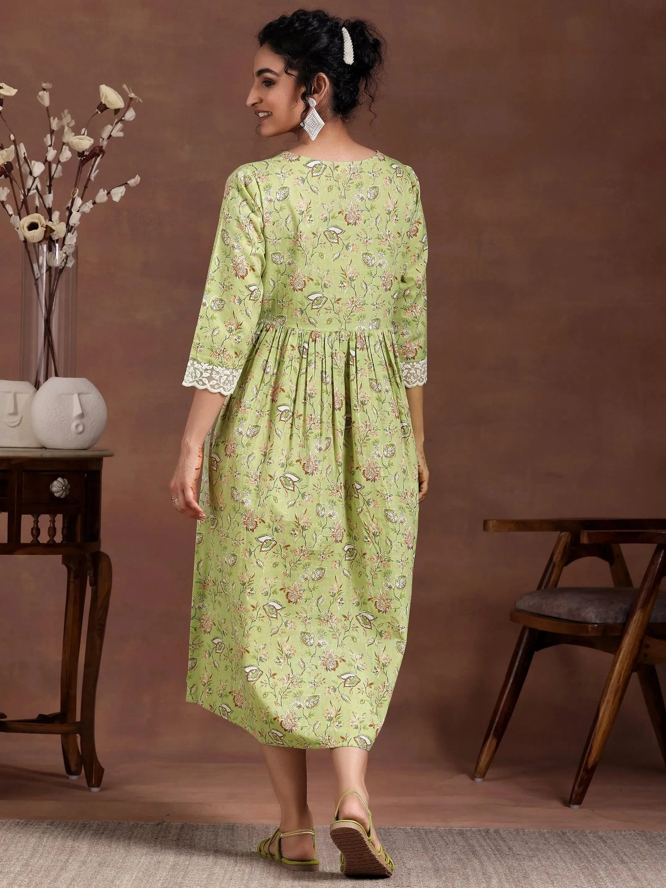 Green Printed Cotton Fit and Flare Dress