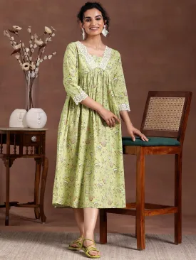 Green Printed Cotton Fit and Flare Dress