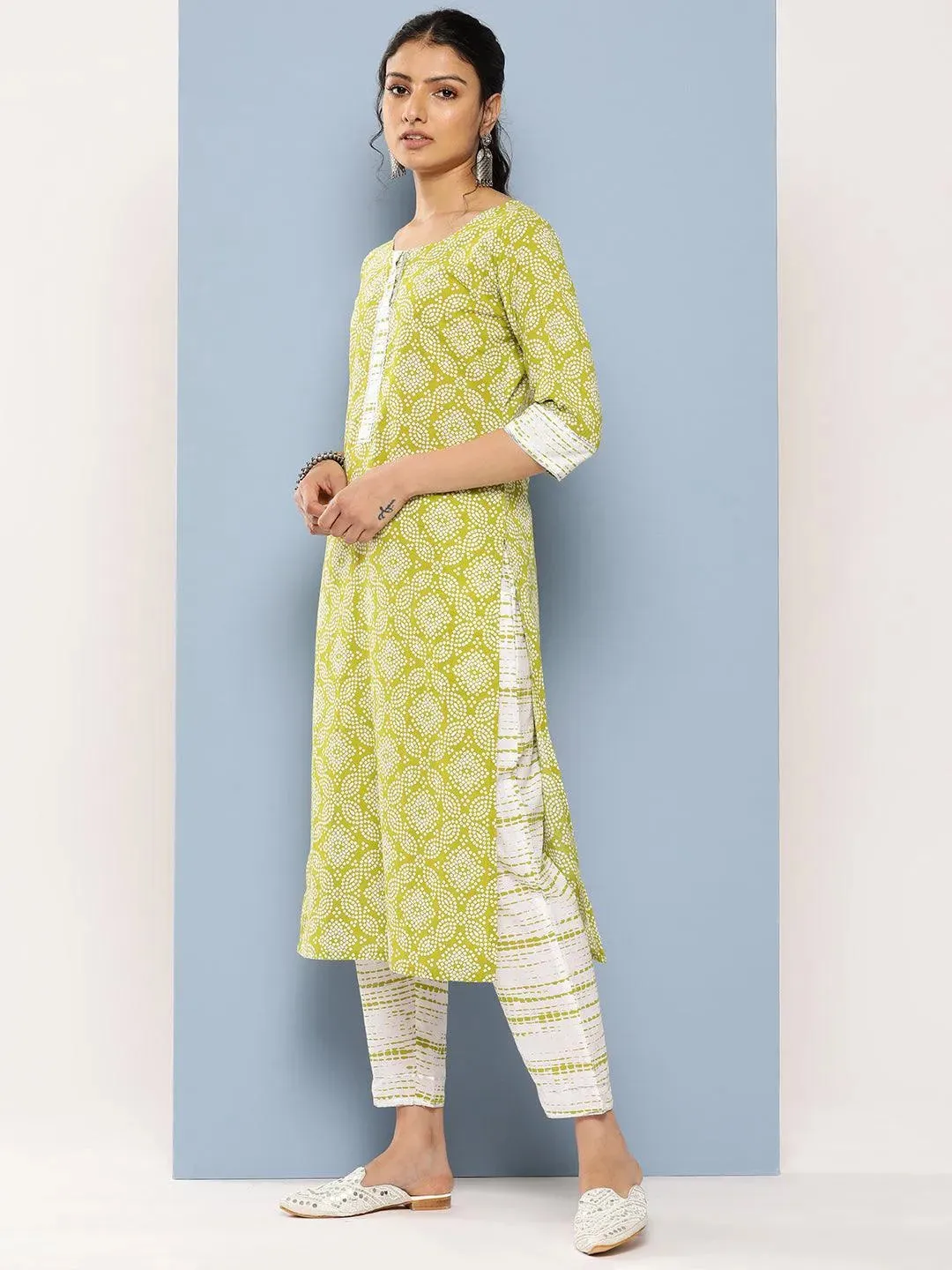 Green Printed Cotton Straight Kurta With Trousers & Dupatta