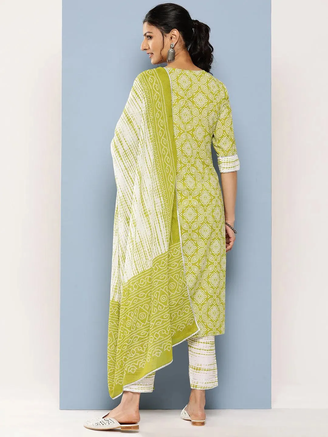 Green Printed Cotton Straight Kurta With Trousers & Dupatta