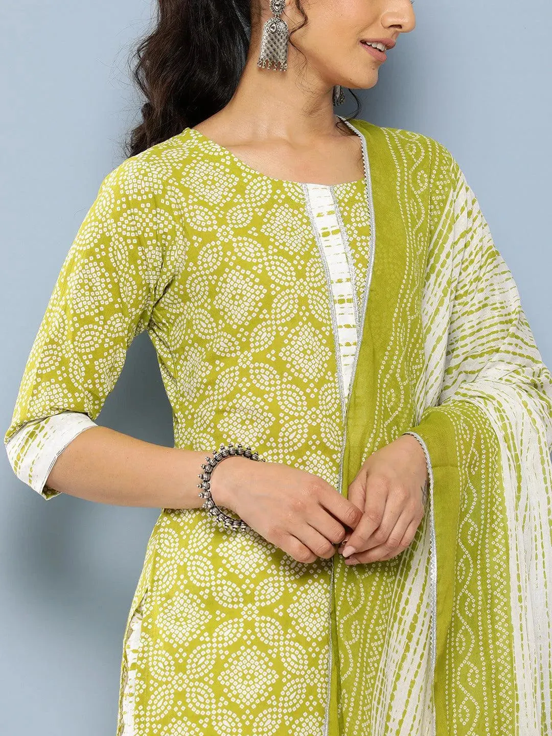 Green Printed Cotton Straight Kurta With Trousers & Dupatta