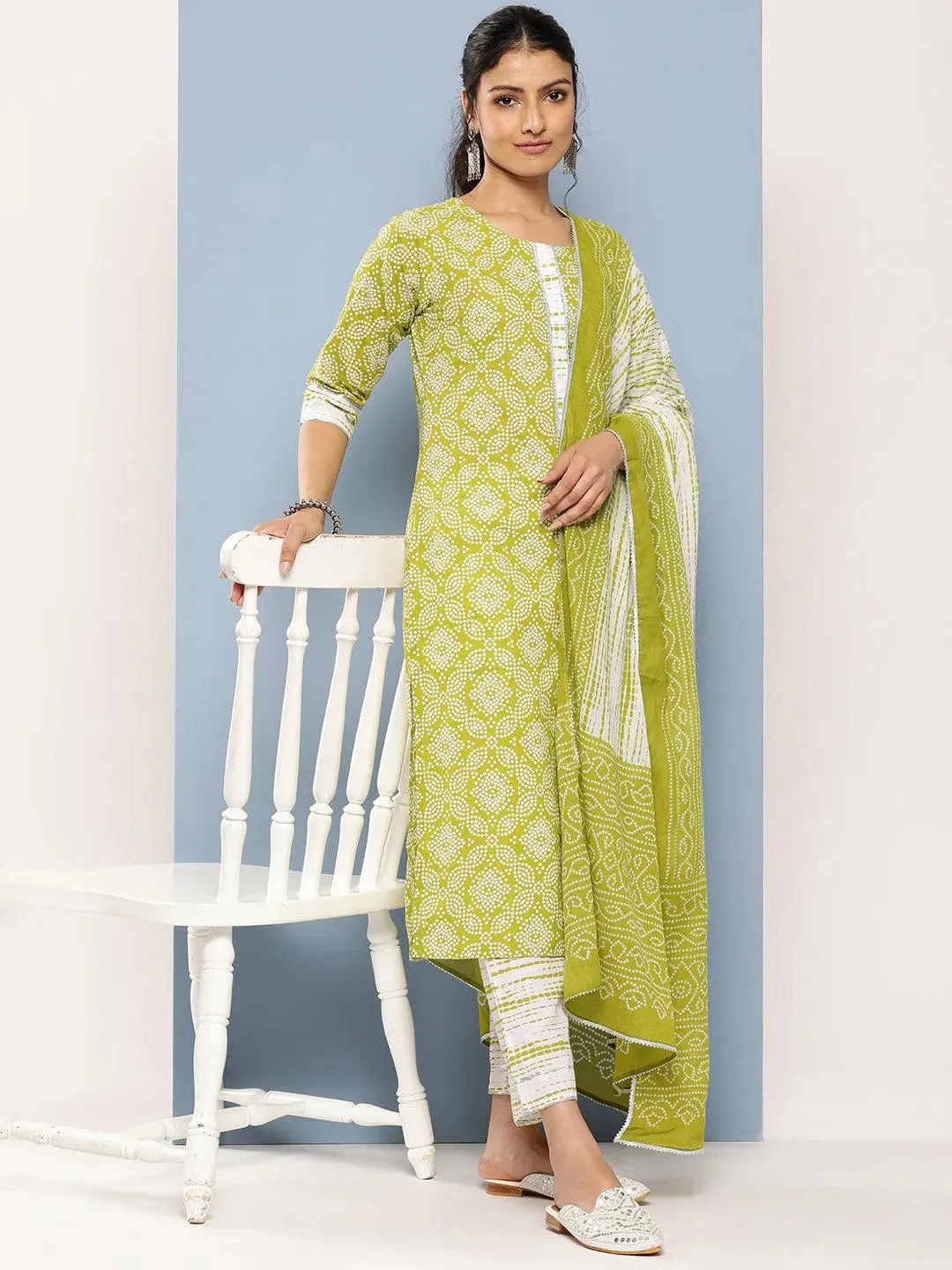 Green Printed Cotton Straight Kurta With Trousers & Dupatta