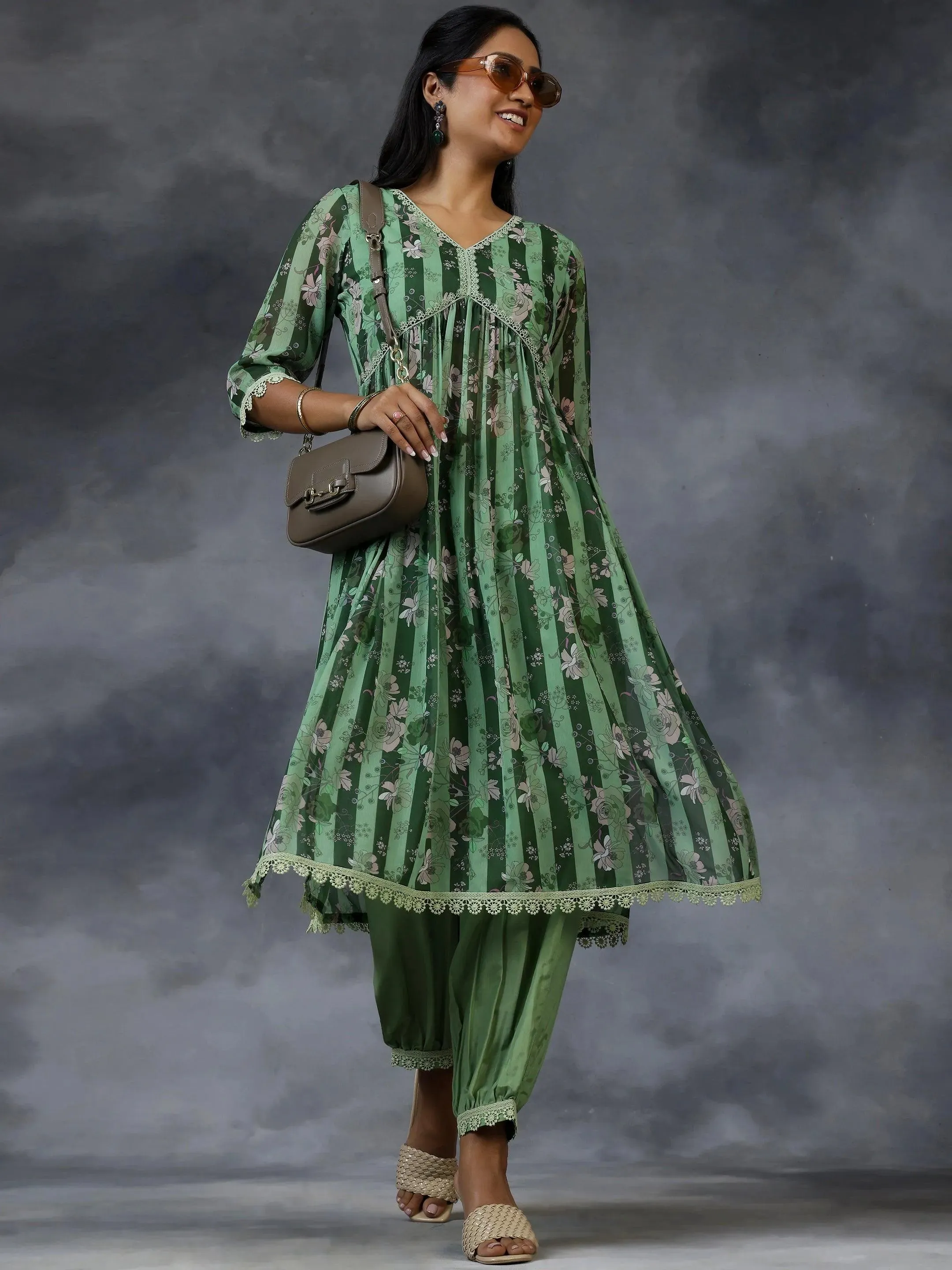 Green Printed Georgette A-Line Kurta With Salwar