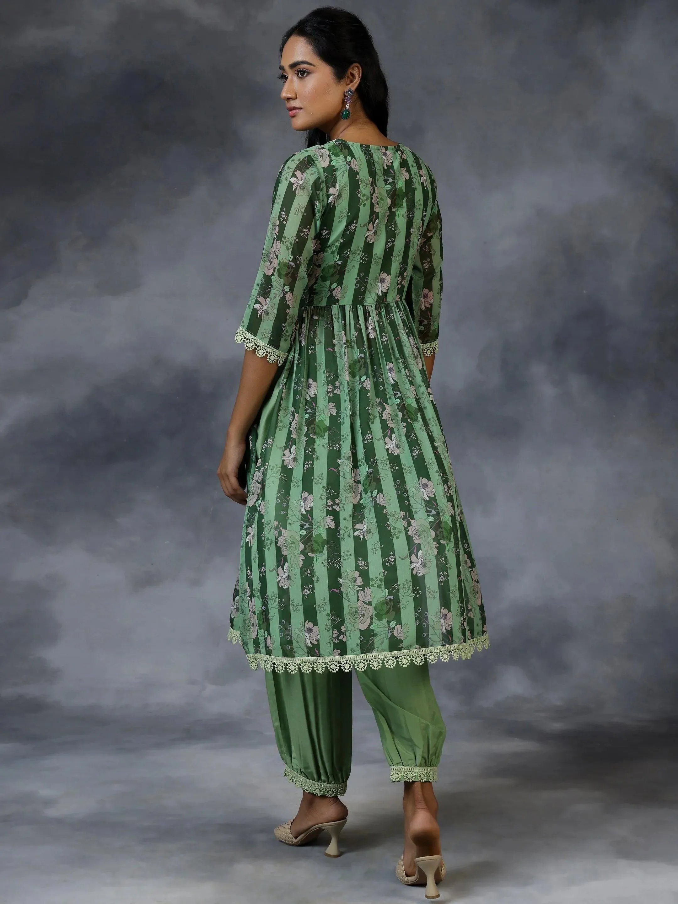 Green Printed Georgette A-Line Kurta With Salwar