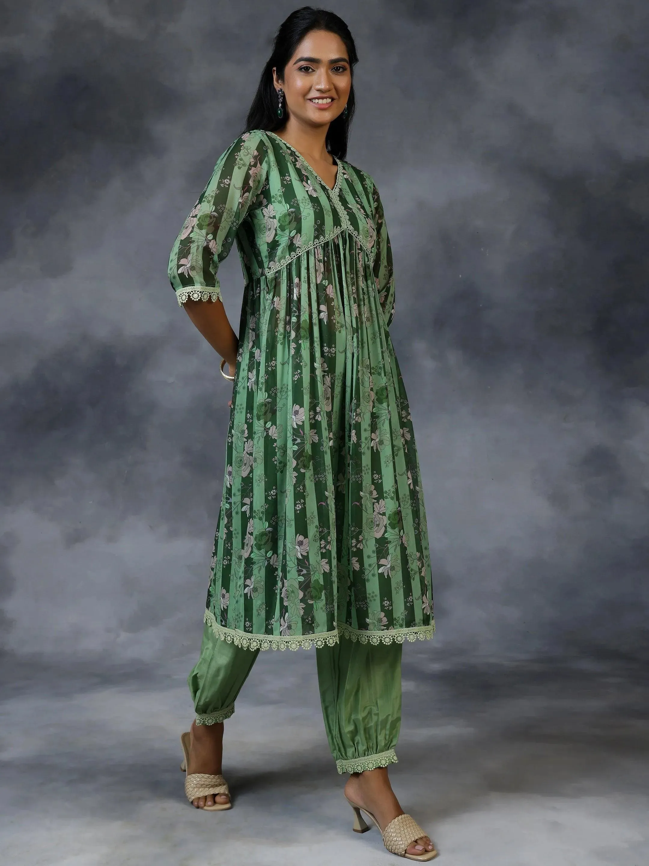 Green Printed Georgette A-Line Kurta With Salwar