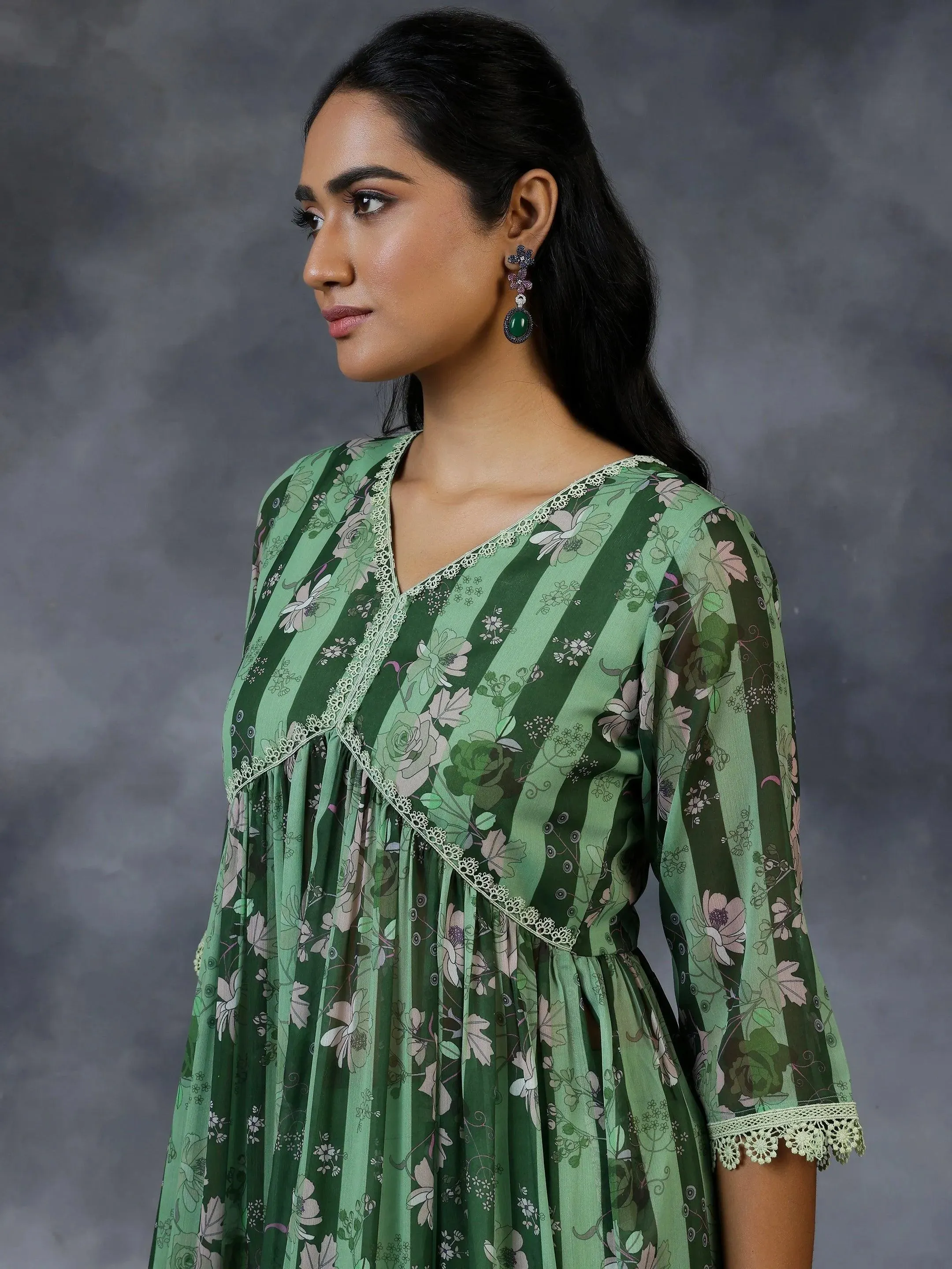 Green Printed Georgette A-Line Kurta With Salwar