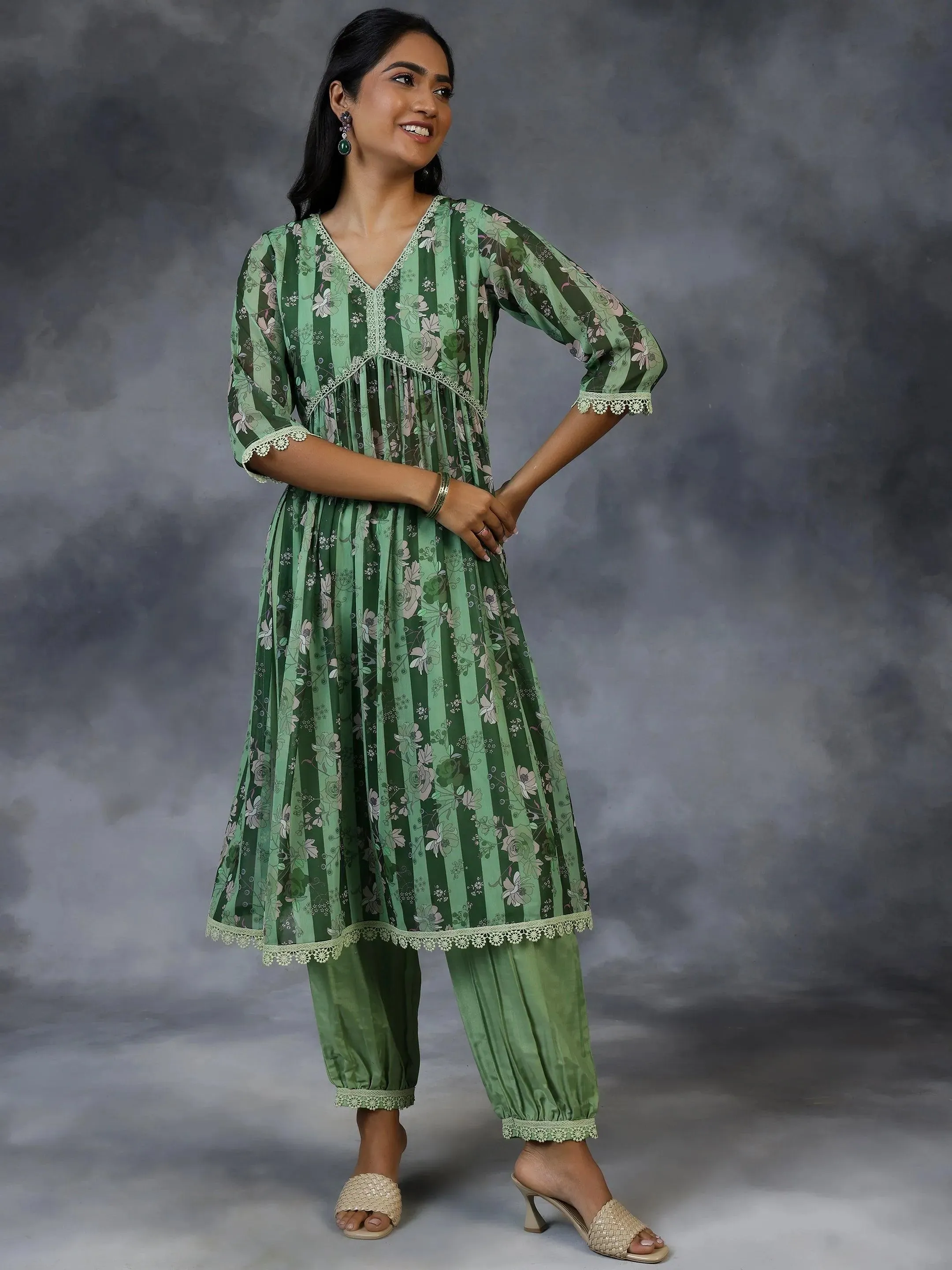 Green Printed Georgette A-Line Kurta With Salwar