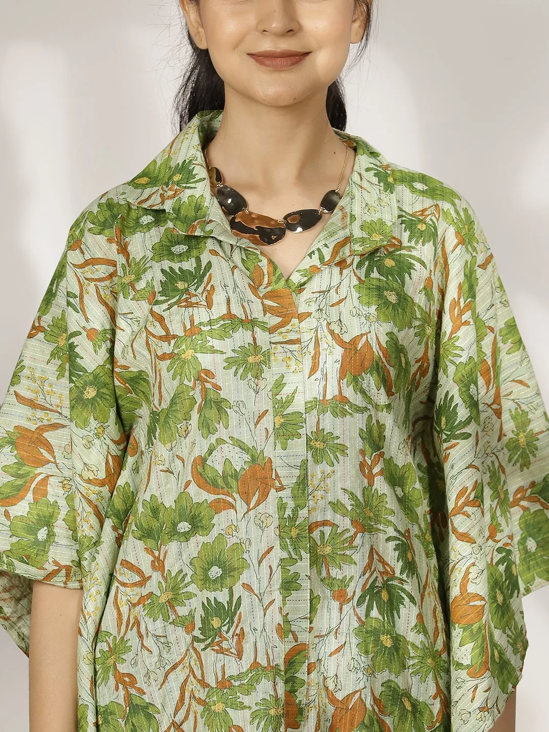 GreenFloral Cotton ShirtKaftan