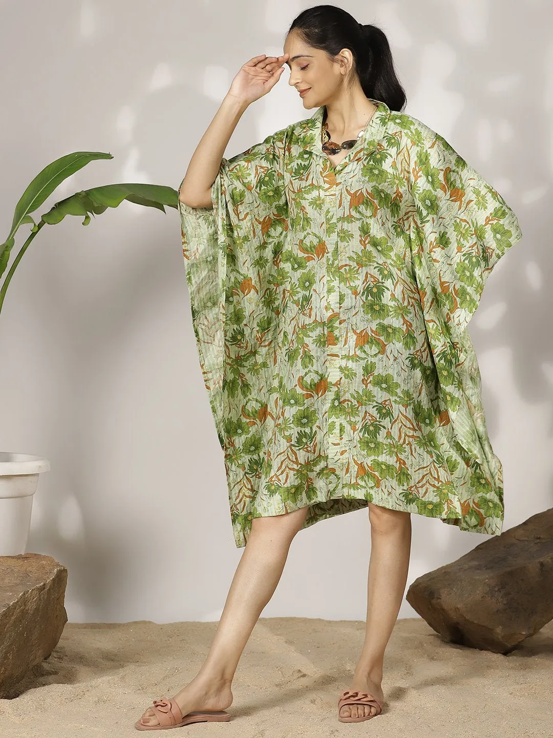 GreenFloral Cotton ShirtKaftan