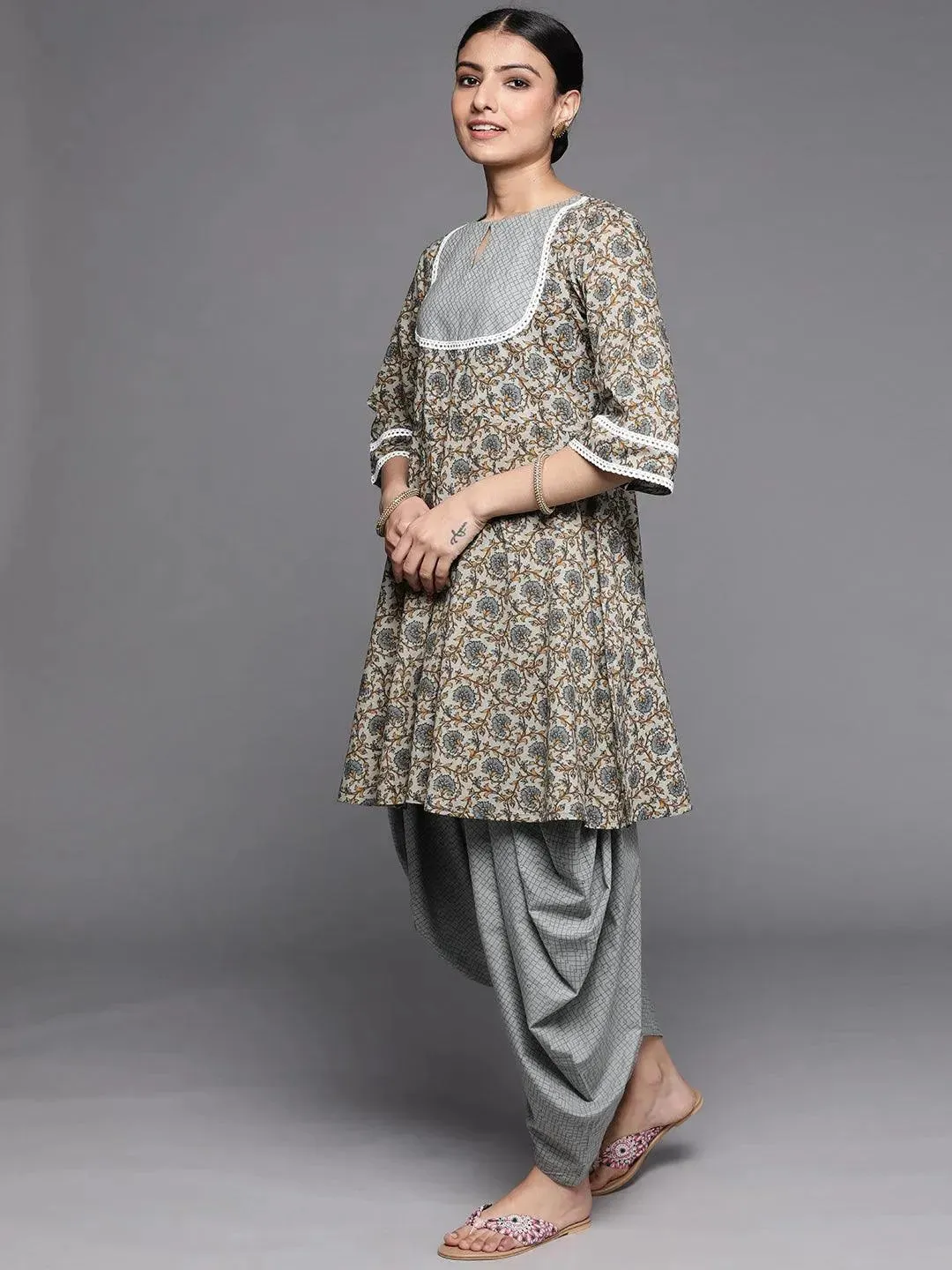 Grey Printed Cotton A-Line Kurta With Salwar & Dupatta