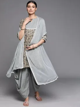 Grey Printed Cotton A-Line Kurta With Salwar & Dupatta