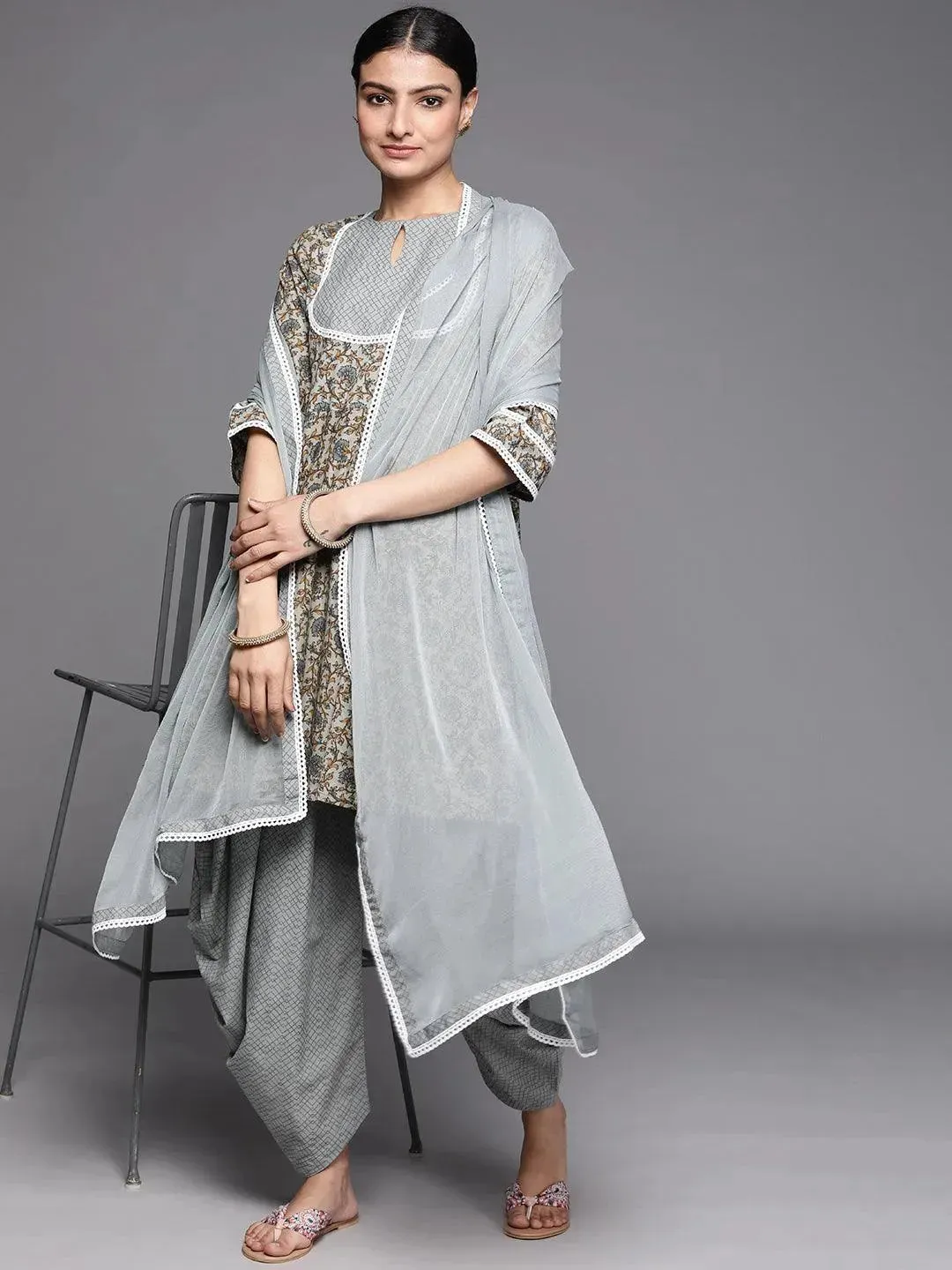 Grey Printed Cotton A-Line Kurta With Salwar & Dupatta