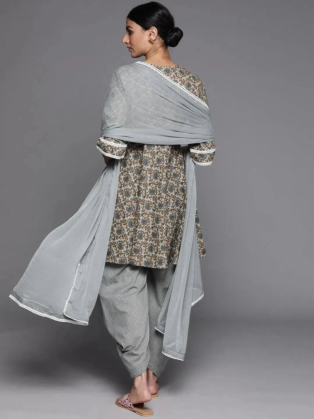 Grey Printed Cotton A-Line Kurta With Salwar & Dupatta