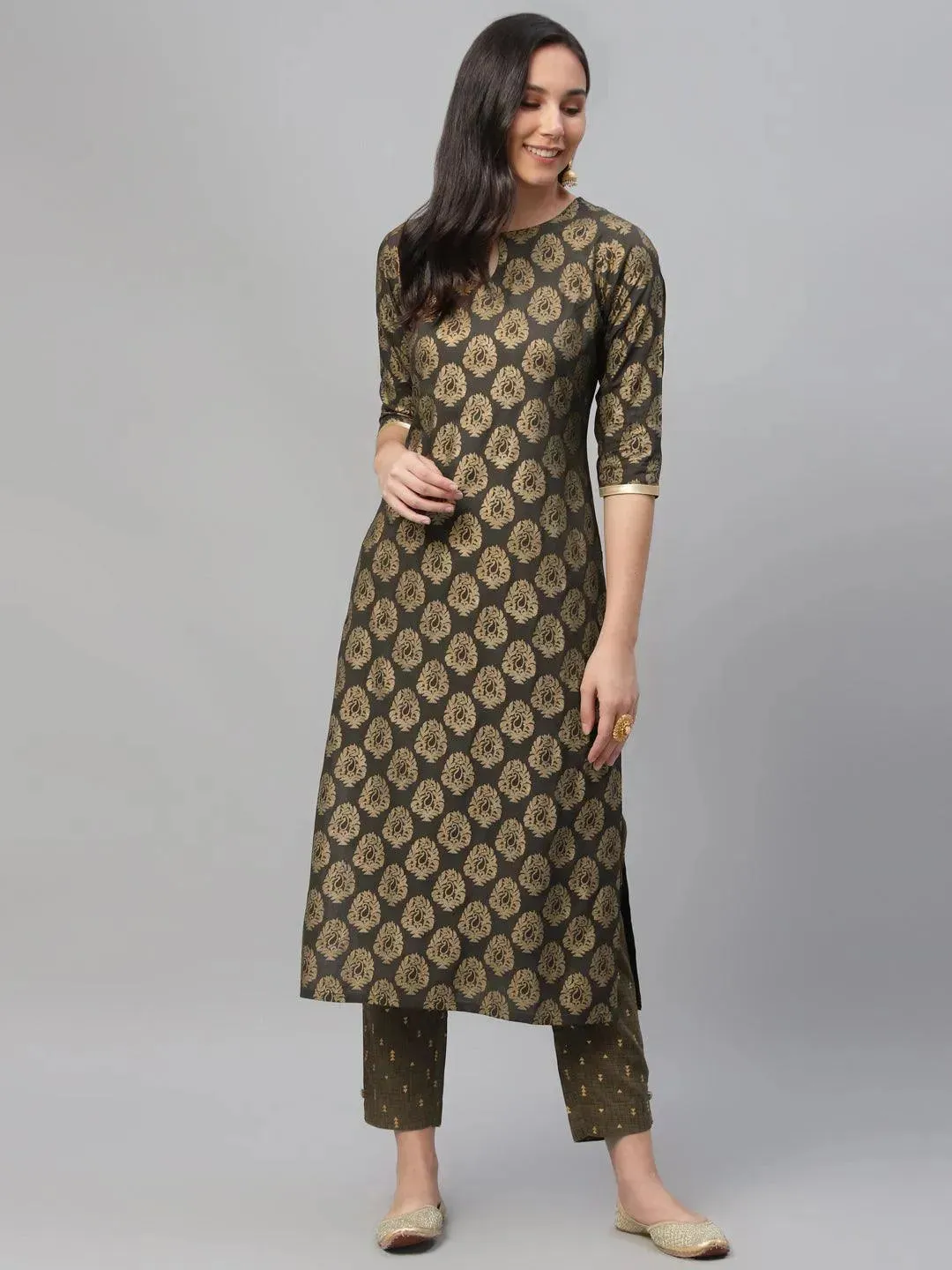 Grey Printed Cotton Kurta