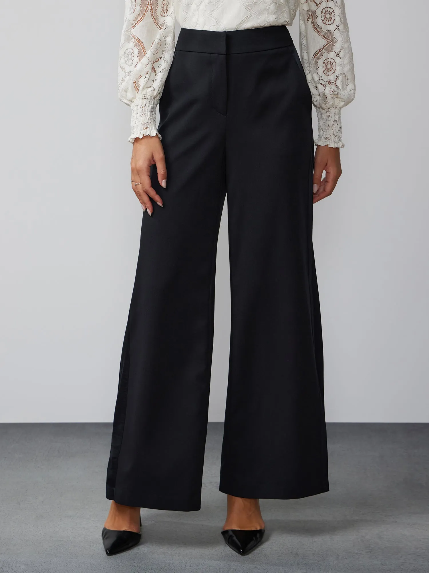 High Rise Wide Leg Satin Stripe Pant