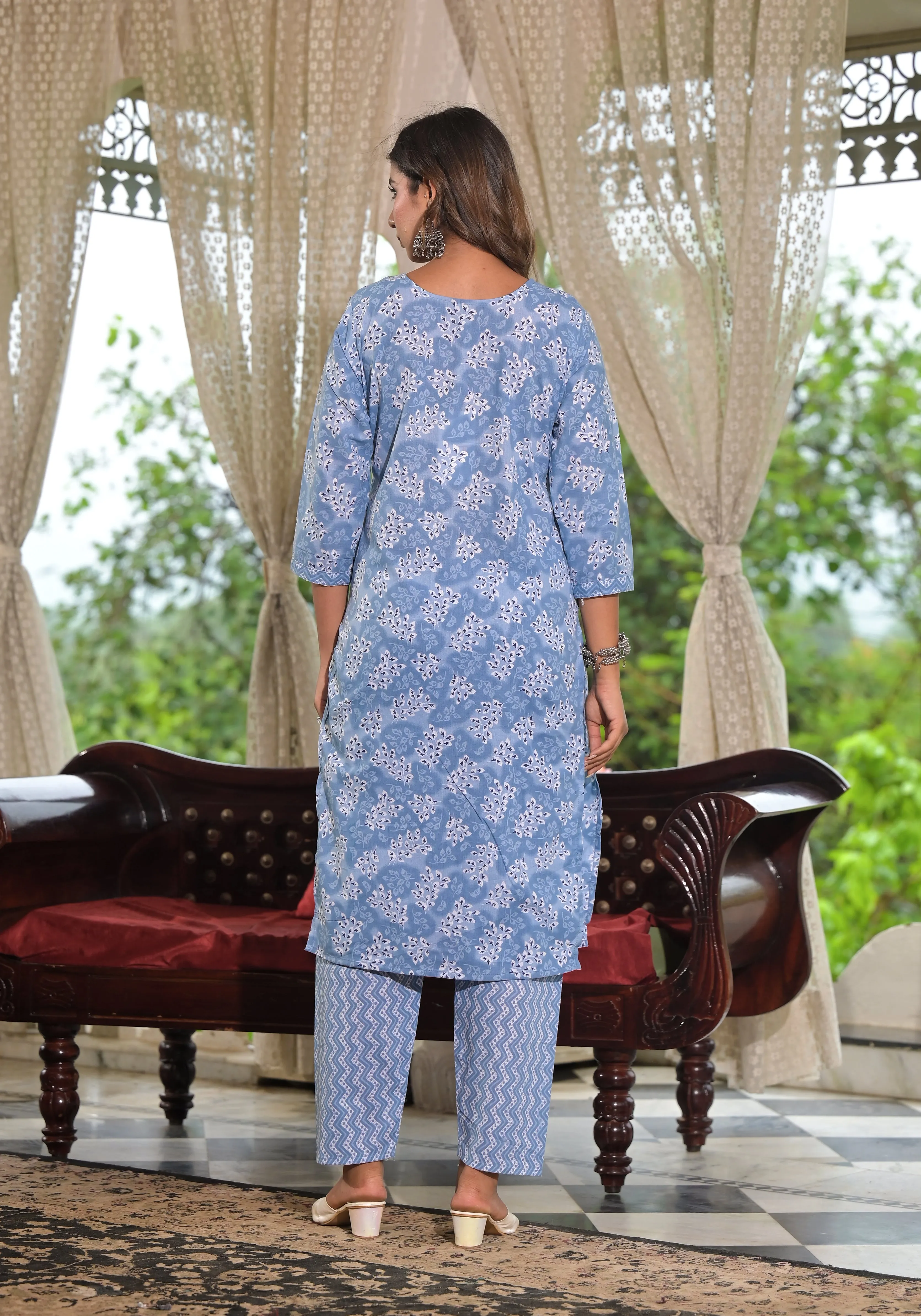 Jashvi Sky Blue Ethnic Motif Printed Cotton Kurta, Pant And Dupatta Set With Buttons & Lace