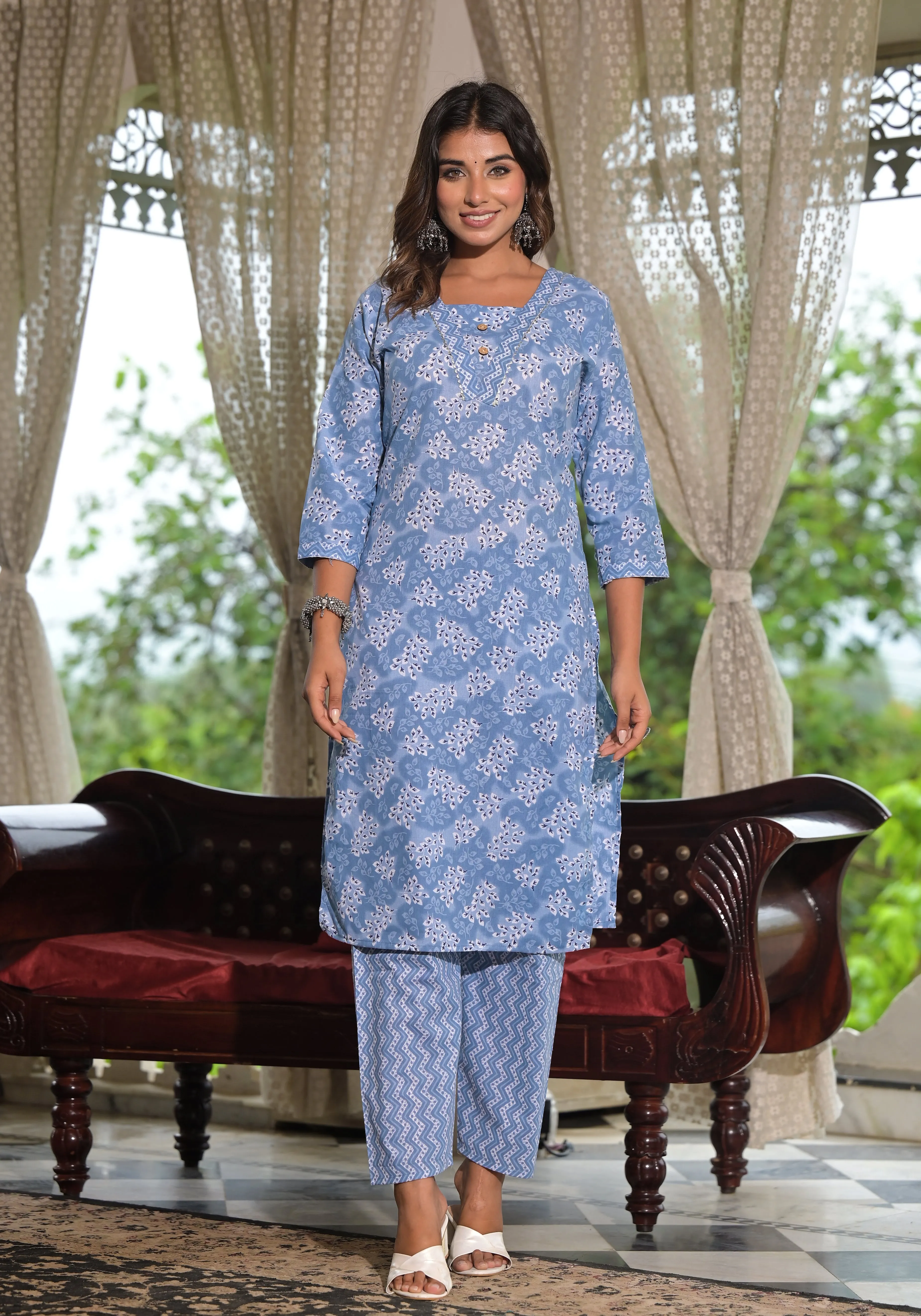 Jashvi Sky Blue Ethnic Motif Printed Cotton Kurta, Pant And Dupatta Set With Buttons & Lace