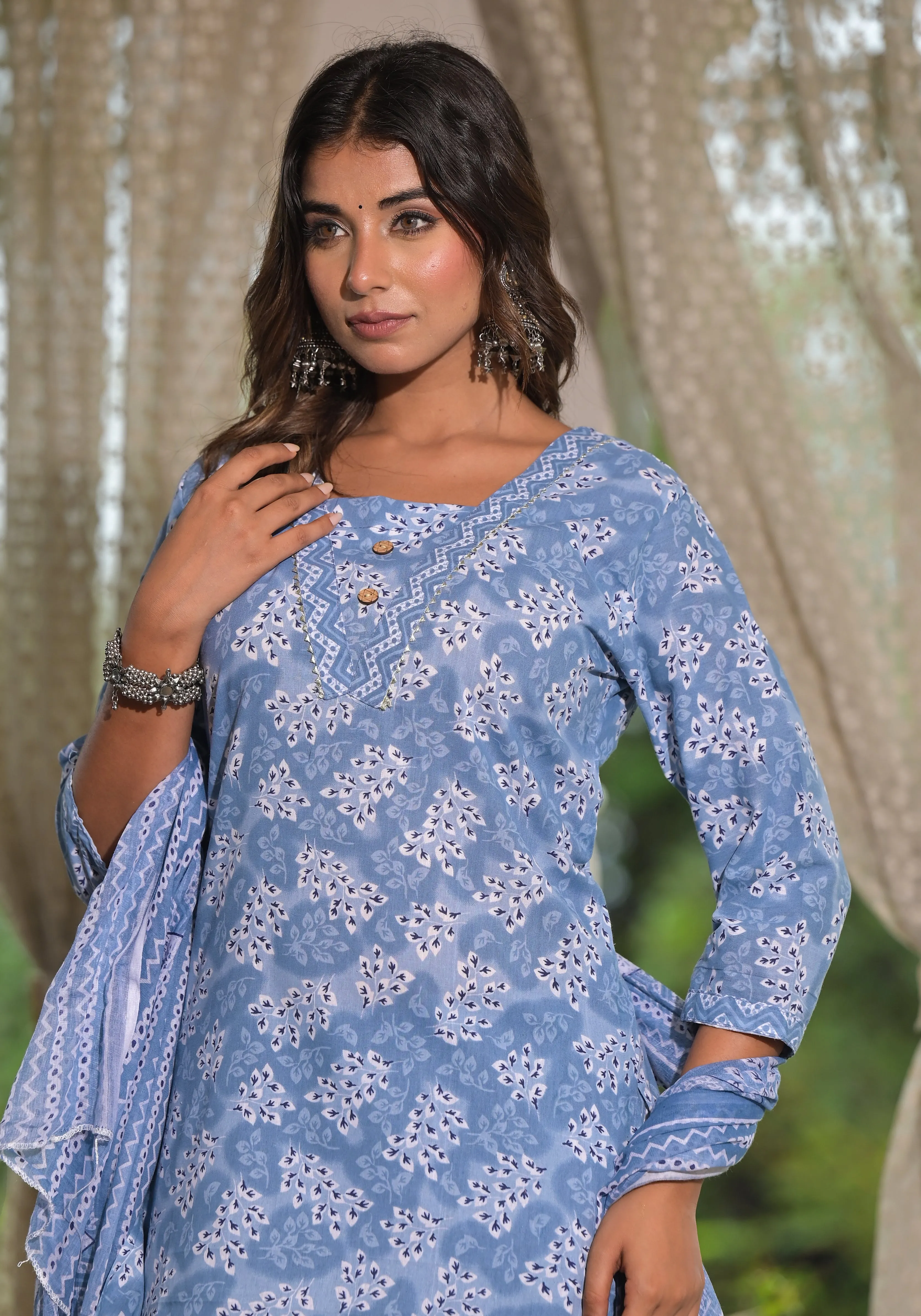 Jashvi Sky Blue Ethnic Motif Printed Cotton Kurta, Pant And Dupatta Set With Buttons & Lace