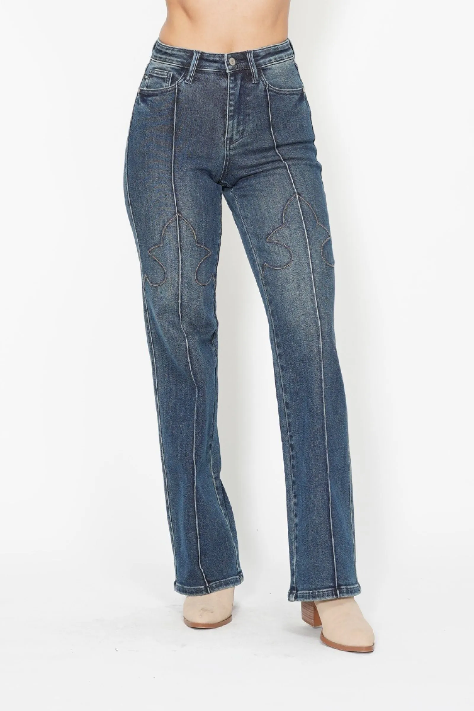 Judy Blue High Waisted Western Seam Detail Straight Leg Jeans