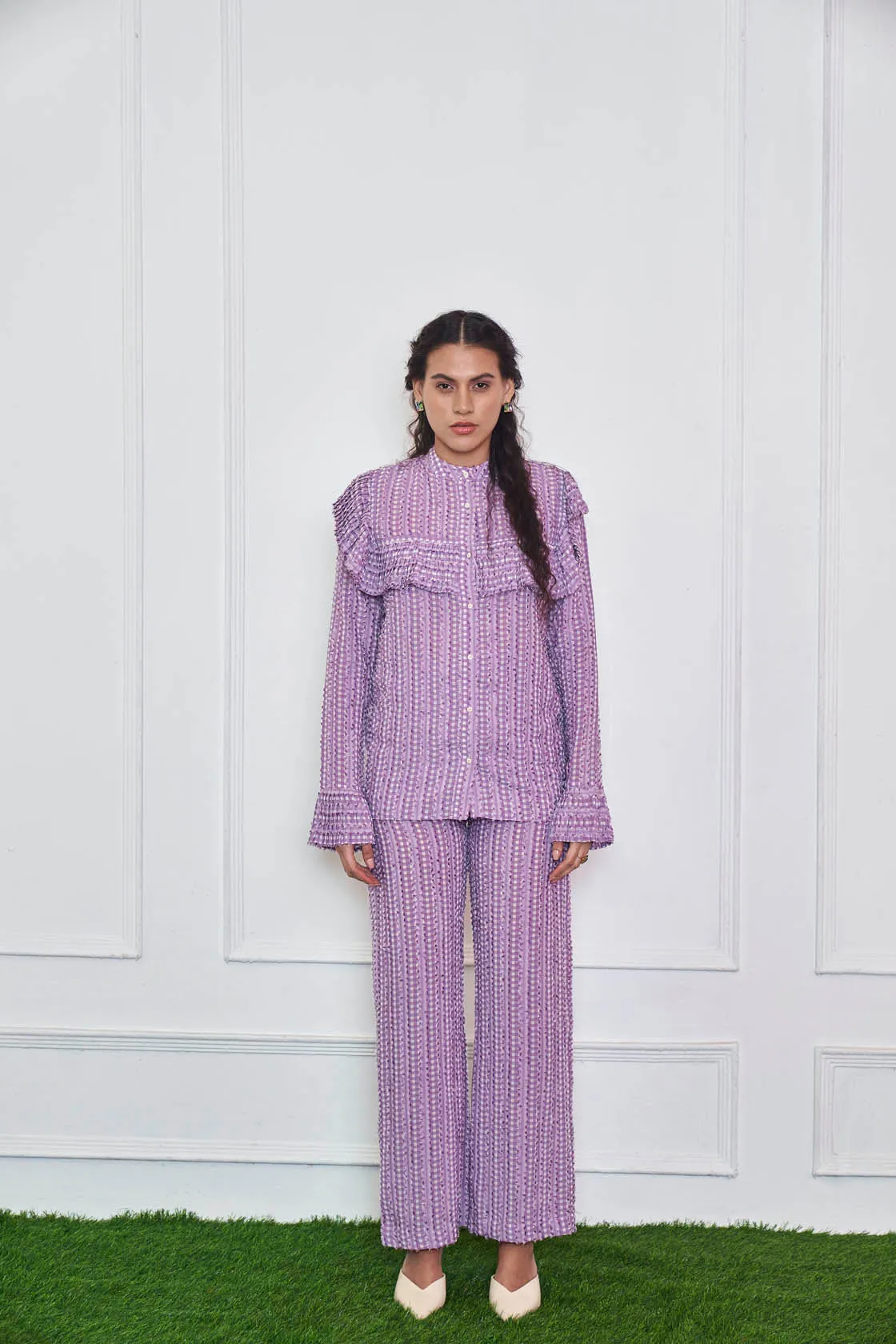 Lavender Gingham Checked Shirt And Pant Co-Ord Set