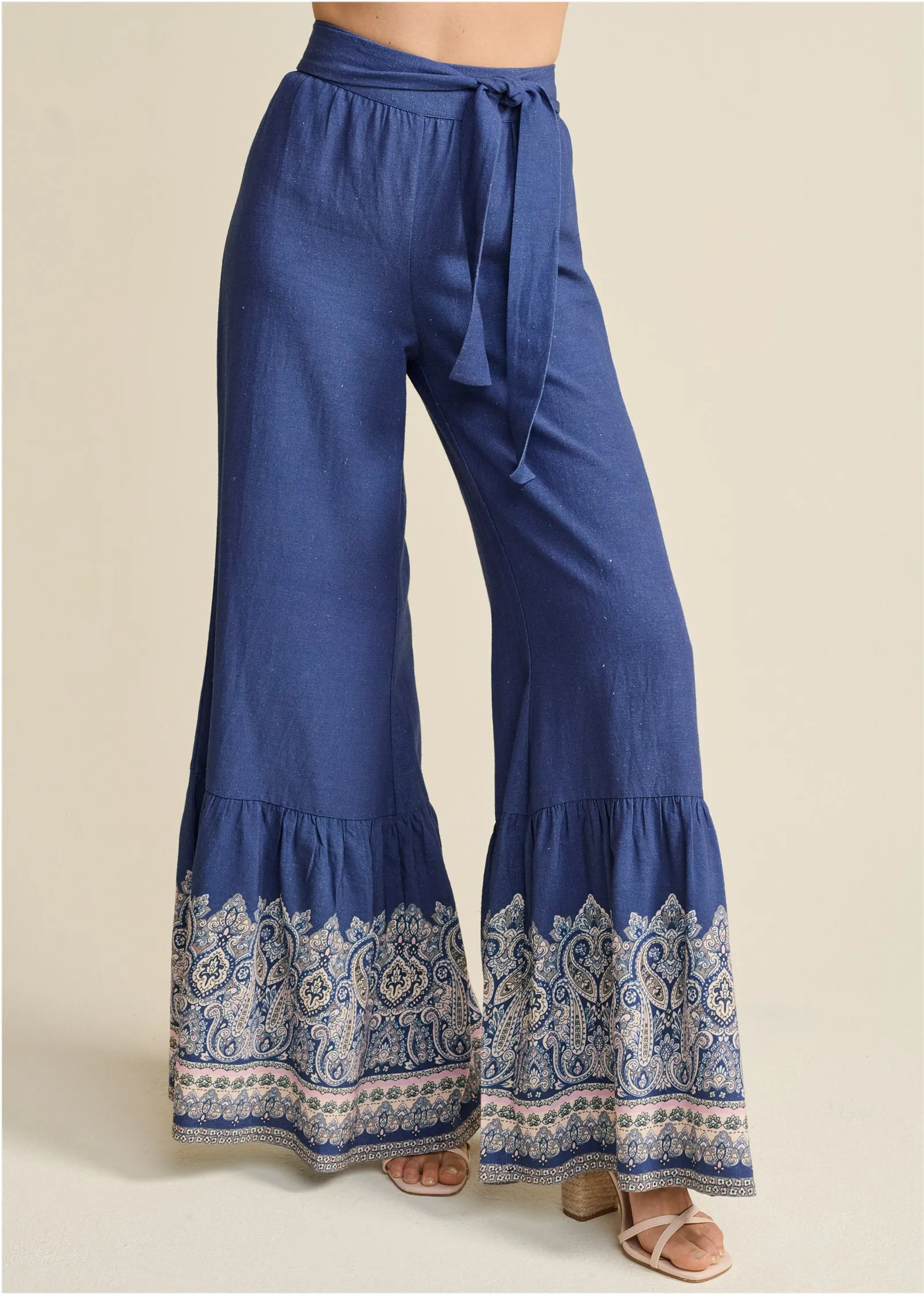 Linen Border Print Pants - Navy Multi