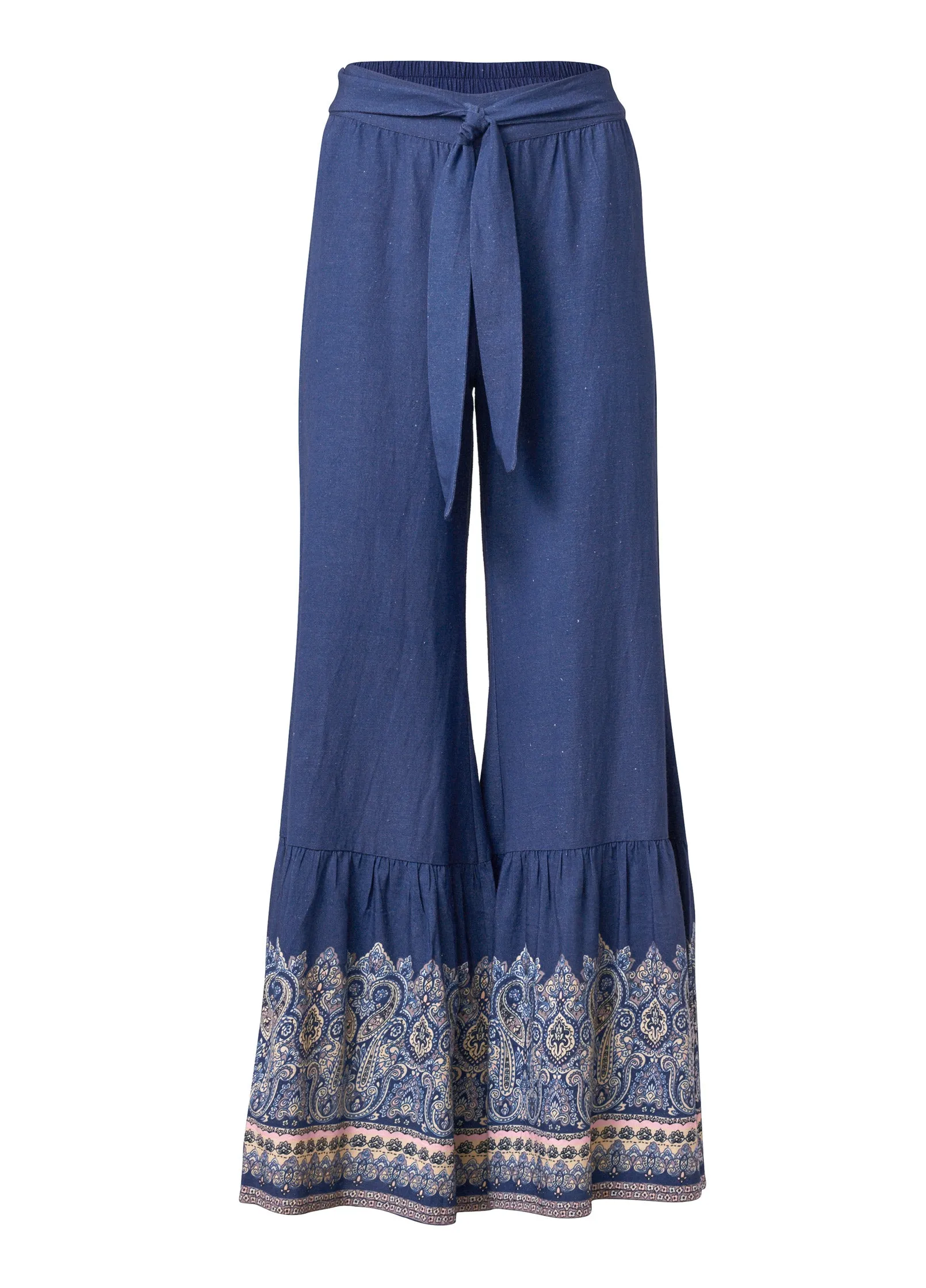 Linen Border Print Pants - Navy Multi