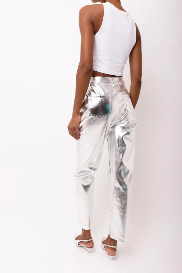 Lupe Straight Faux Leather Metallic Pants Silver