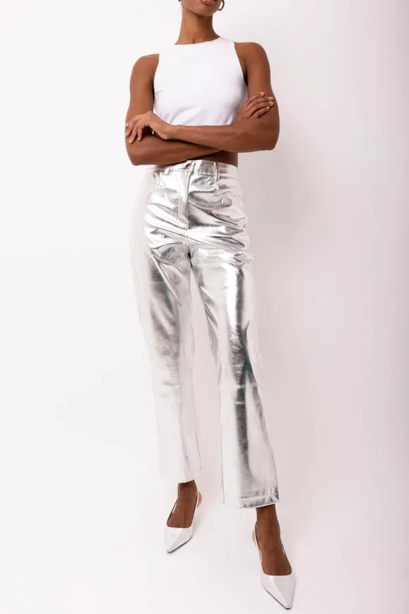 Lupe Straight Faux Leather Metallic Pants Silver