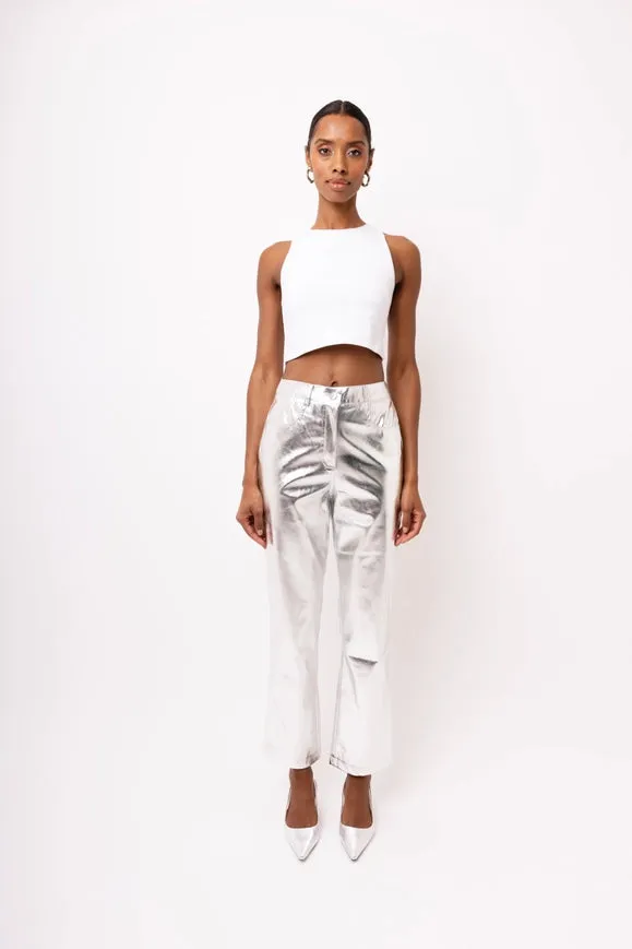 Lupe Straight Faux Leather Metallic Pants Silver