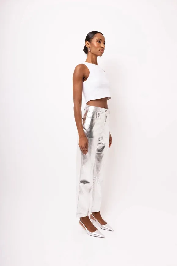 Lupe Straight Faux Leather Metallic Pants Silver