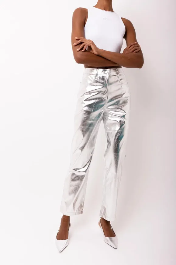 Lupe Straight Faux Leather Metallic Pants Silver