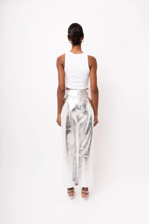 Lupe Straight Faux Leather Metallic Pants Silver