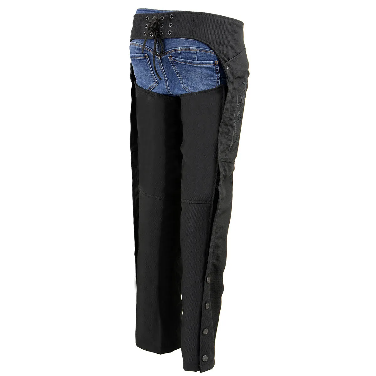 Milwaukee Leather SH1182 Women's Black Textile Motorcycle Riding Chaps with Tribal Embroidery