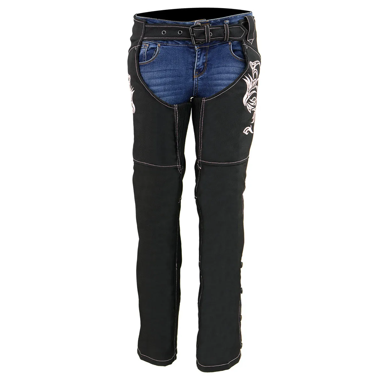 Milwaukee Leather SH1182 Women's Black with Pink Textile Motorcycle Riding Chaps with Tribal Embroidery