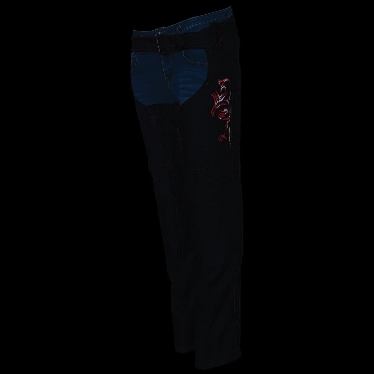 Milwaukee Leather SH1182 Women's Black with Red Textile Motorcycle Riding Chaps with Tribal Embroidery