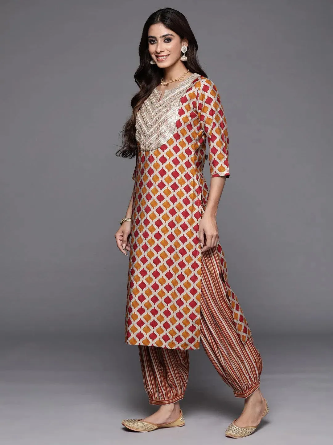 Multicoloured Printed Silk Blend Straight Suit With Dupatta