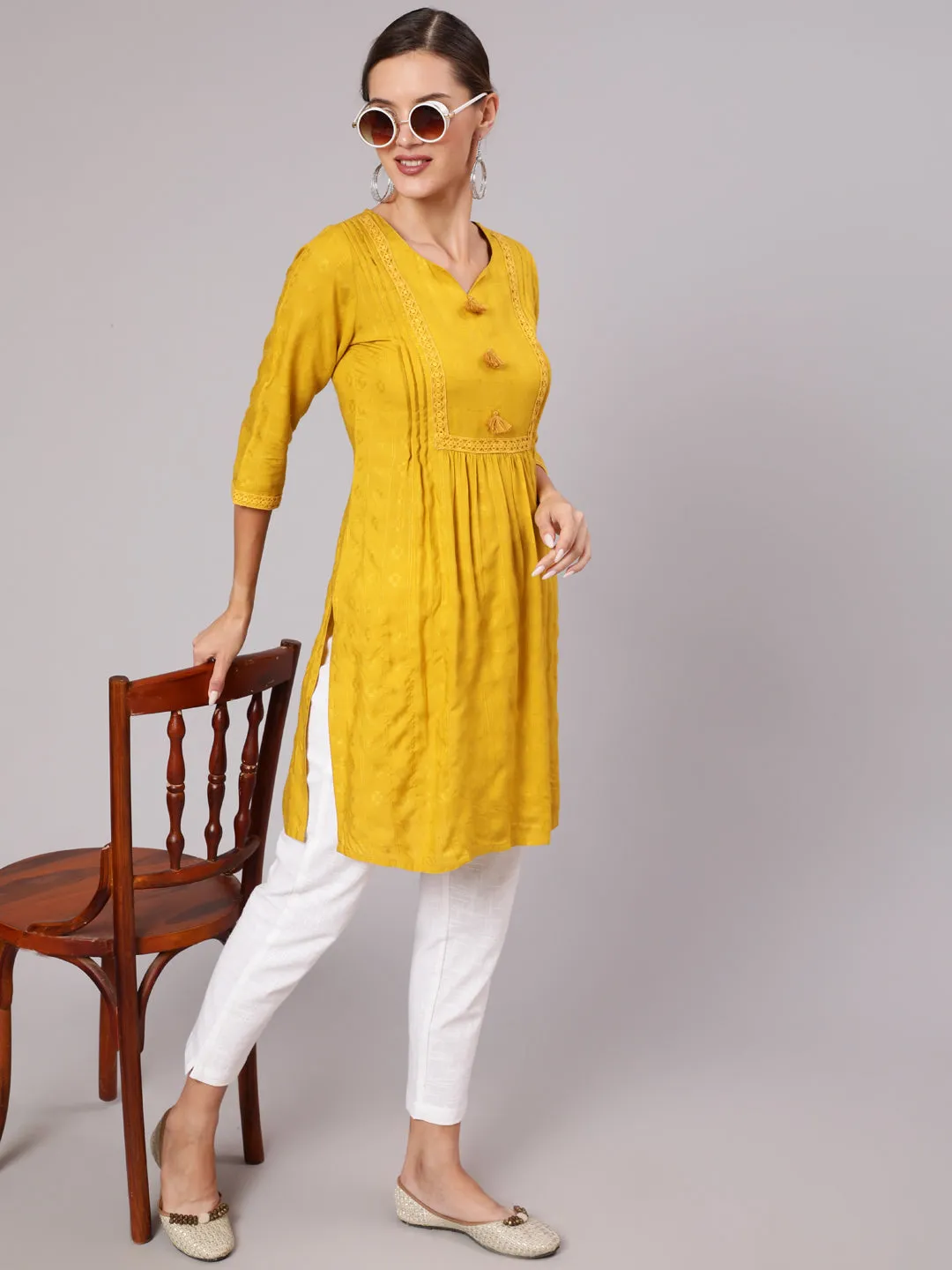 Mustard Gathered Short Kurta and Pants Co-Ord Set