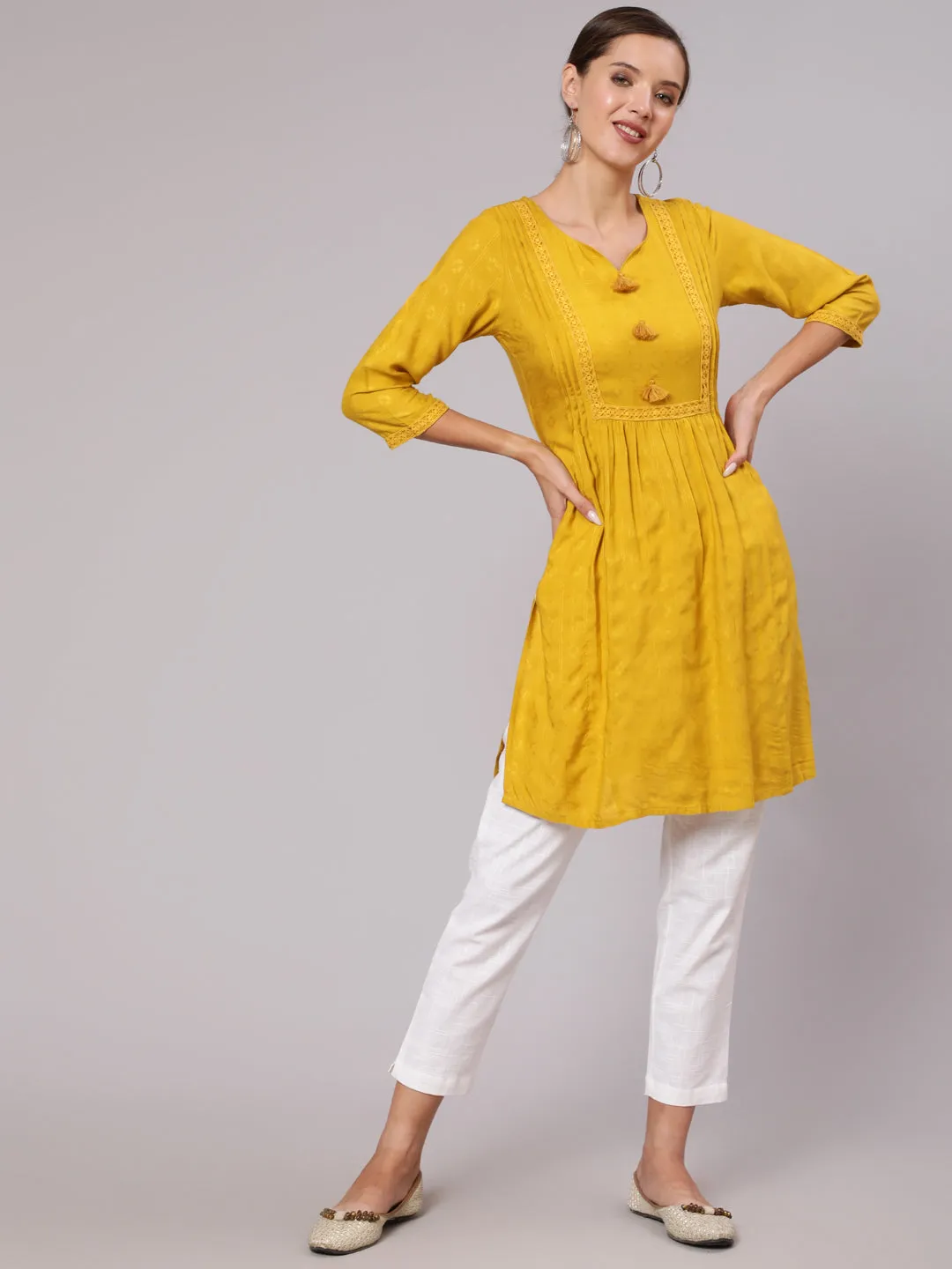 Mustard Gathered Short Kurta and Pants Co-Ord Set