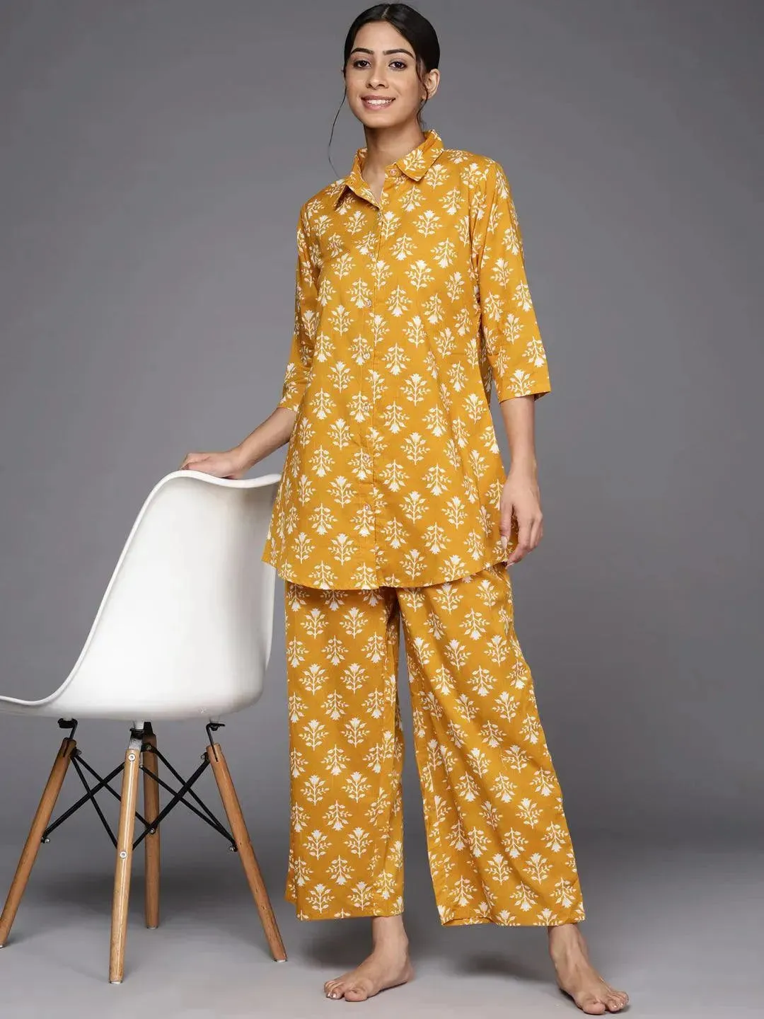 Mustard Printed Cotton A-Line Kurta With Palazzos