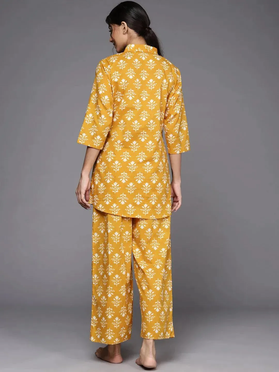 Mustard Printed Cotton A-Line Kurta With Palazzos