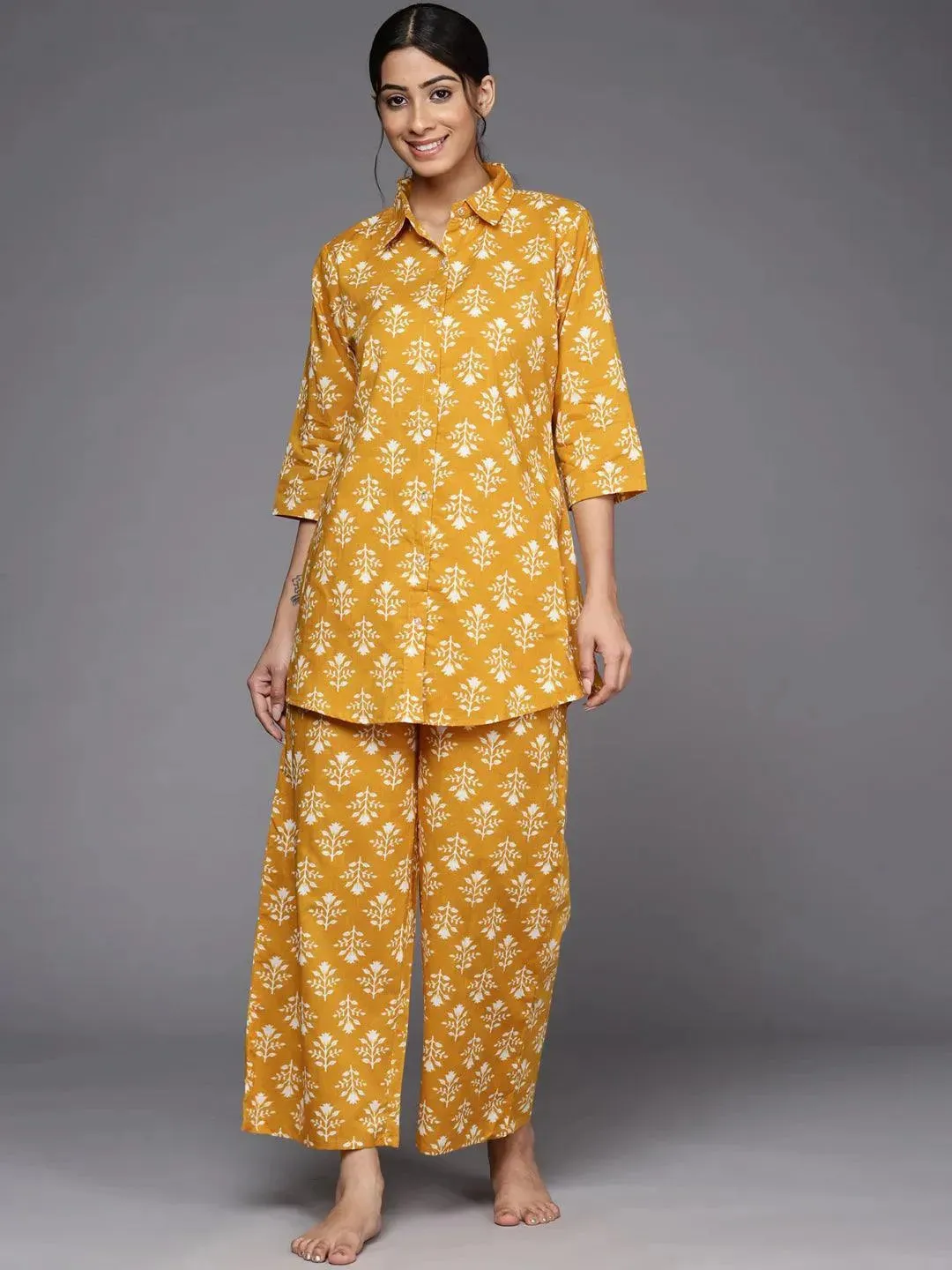 Mustard Printed Cotton A-Line Kurta With Palazzos