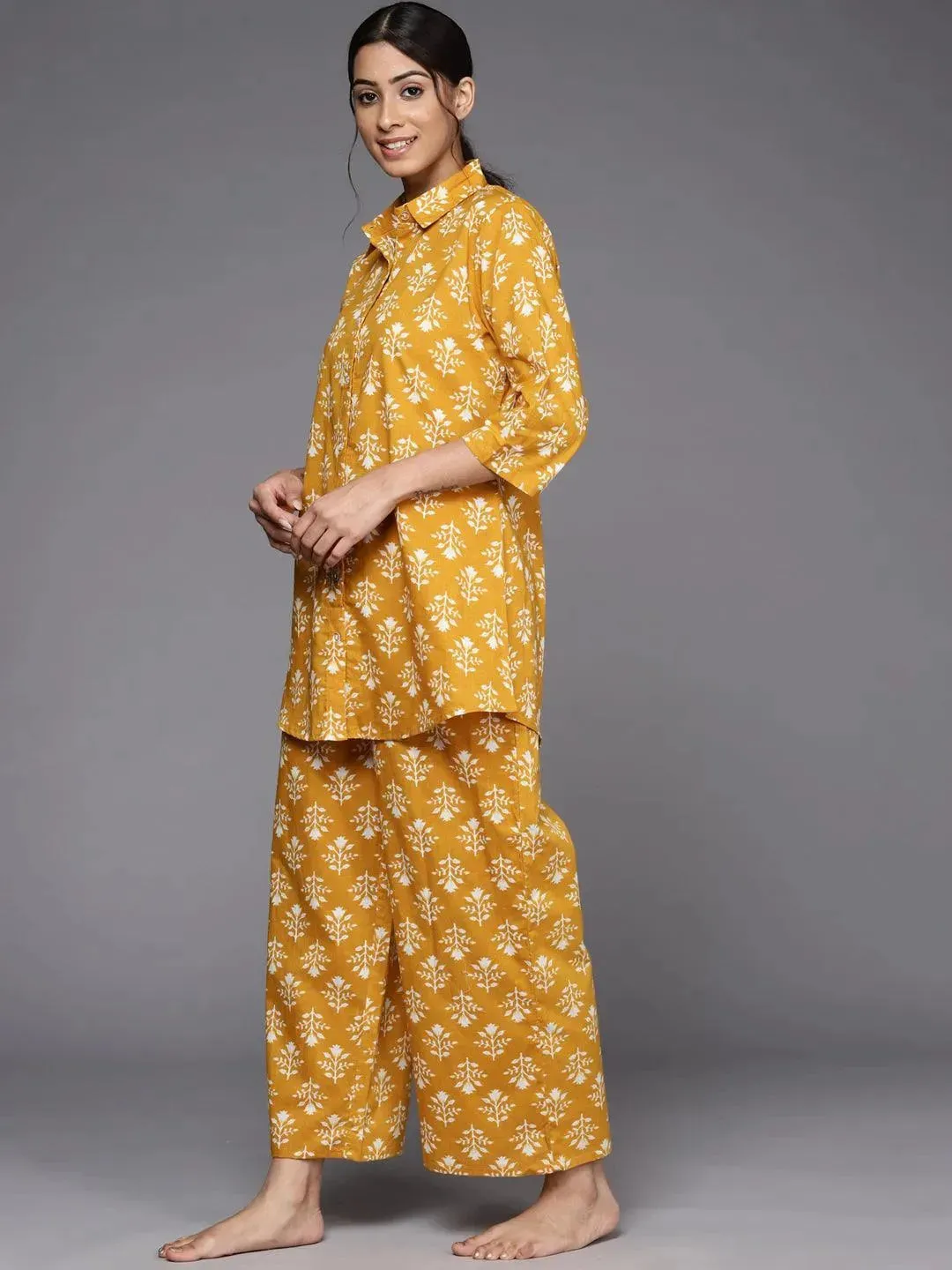 Mustard Printed Cotton A-Line Kurta With Palazzos