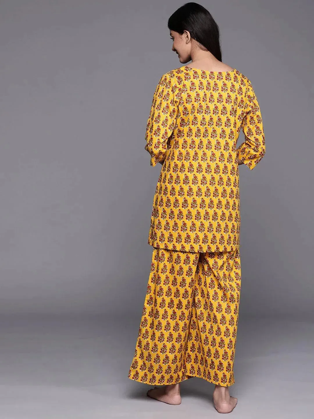 Mustard Printed Cotton Night Suit