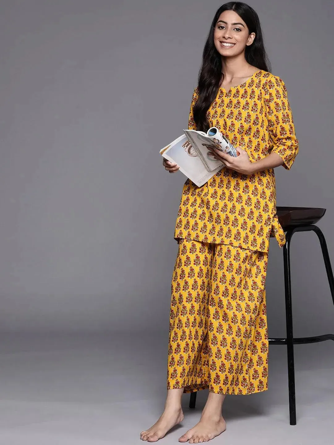 Mustard Printed Cotton Night Suit