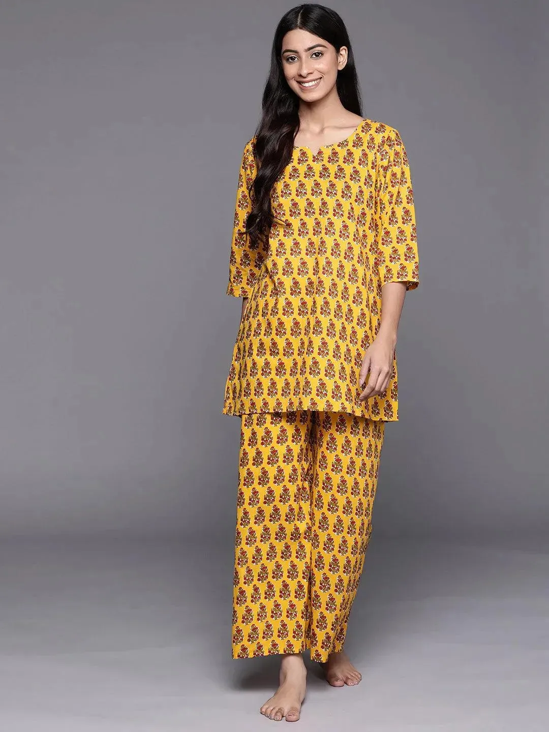 Mustard Printed Cotton Night Suit