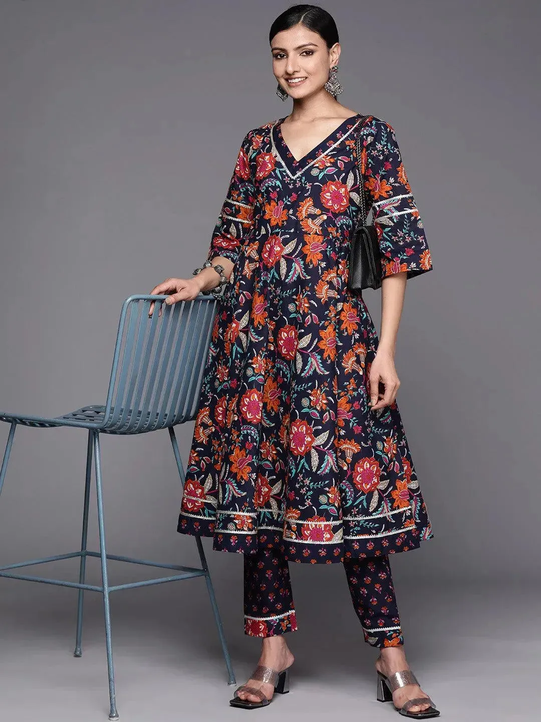 Navy Blue Printed Cotton Anarkali Kurta With Trousers