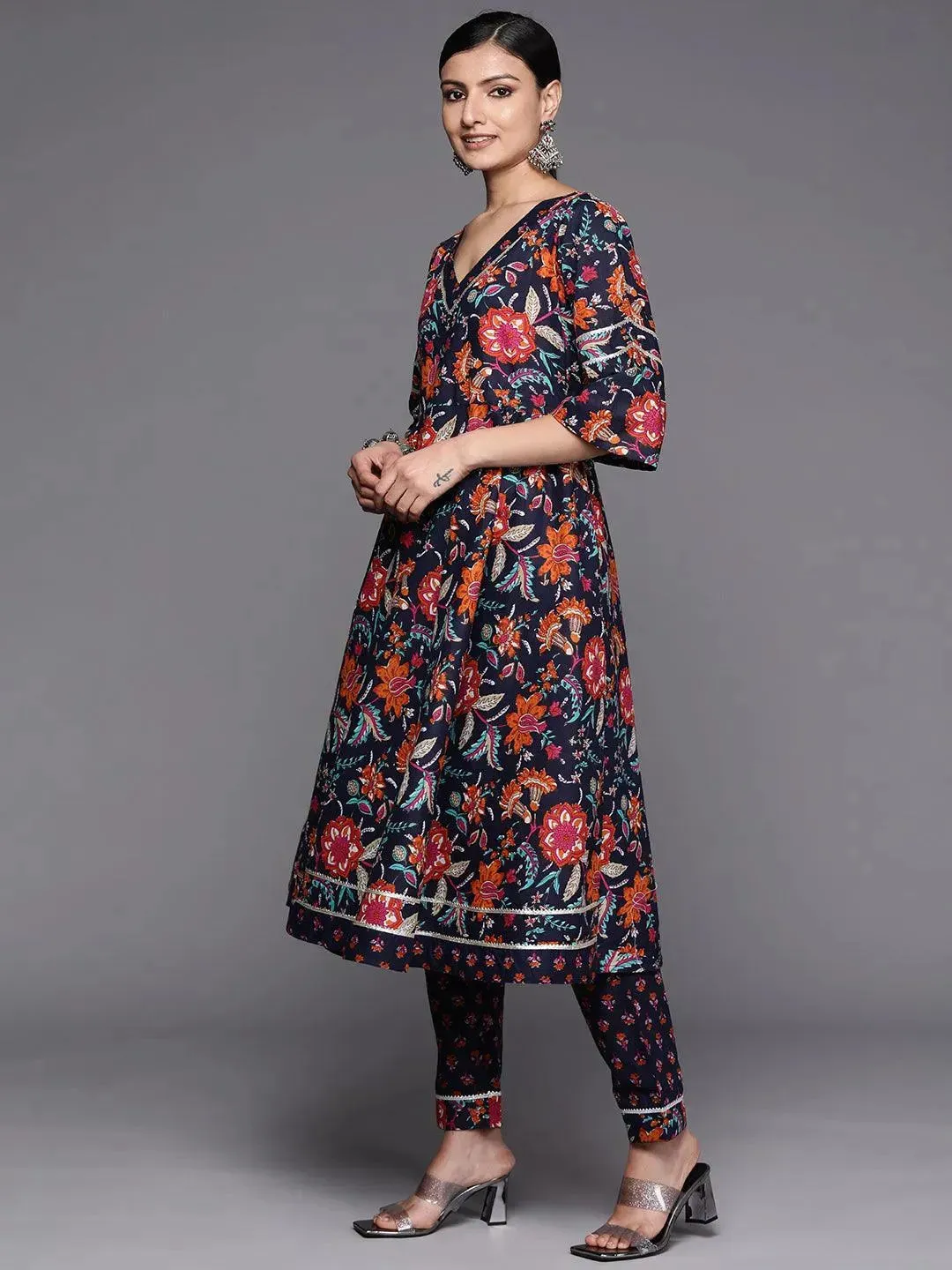 Navy Blue Printed Cotton Anarkali Kurta With Trousers