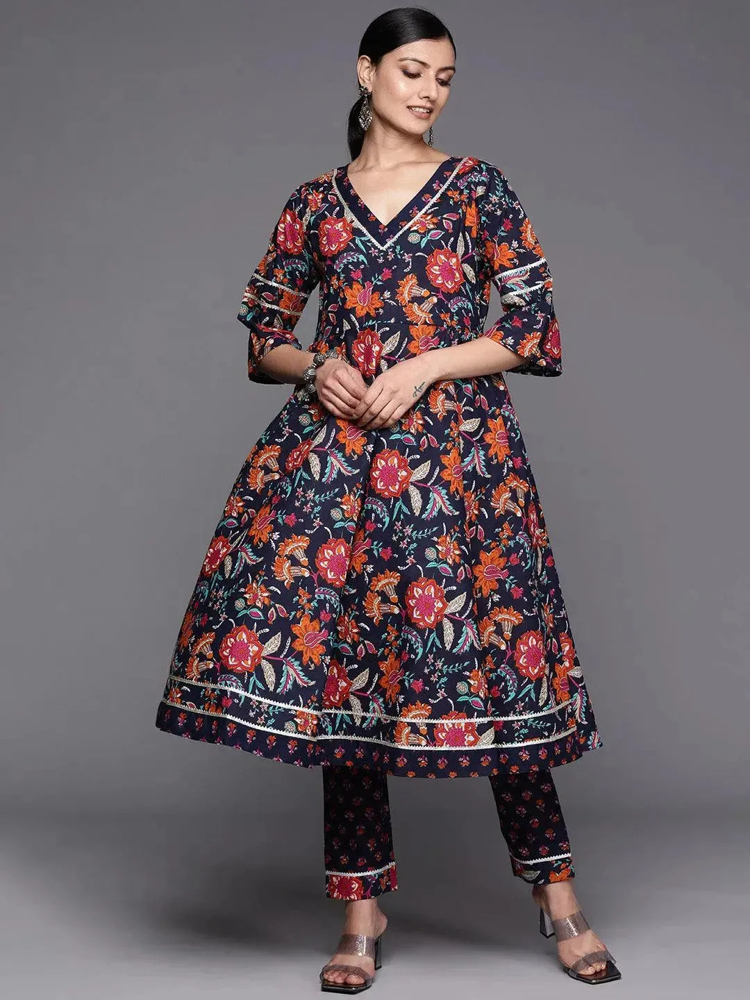 Navy Blue Printed Cotton Anarkali Kurta With Trousers