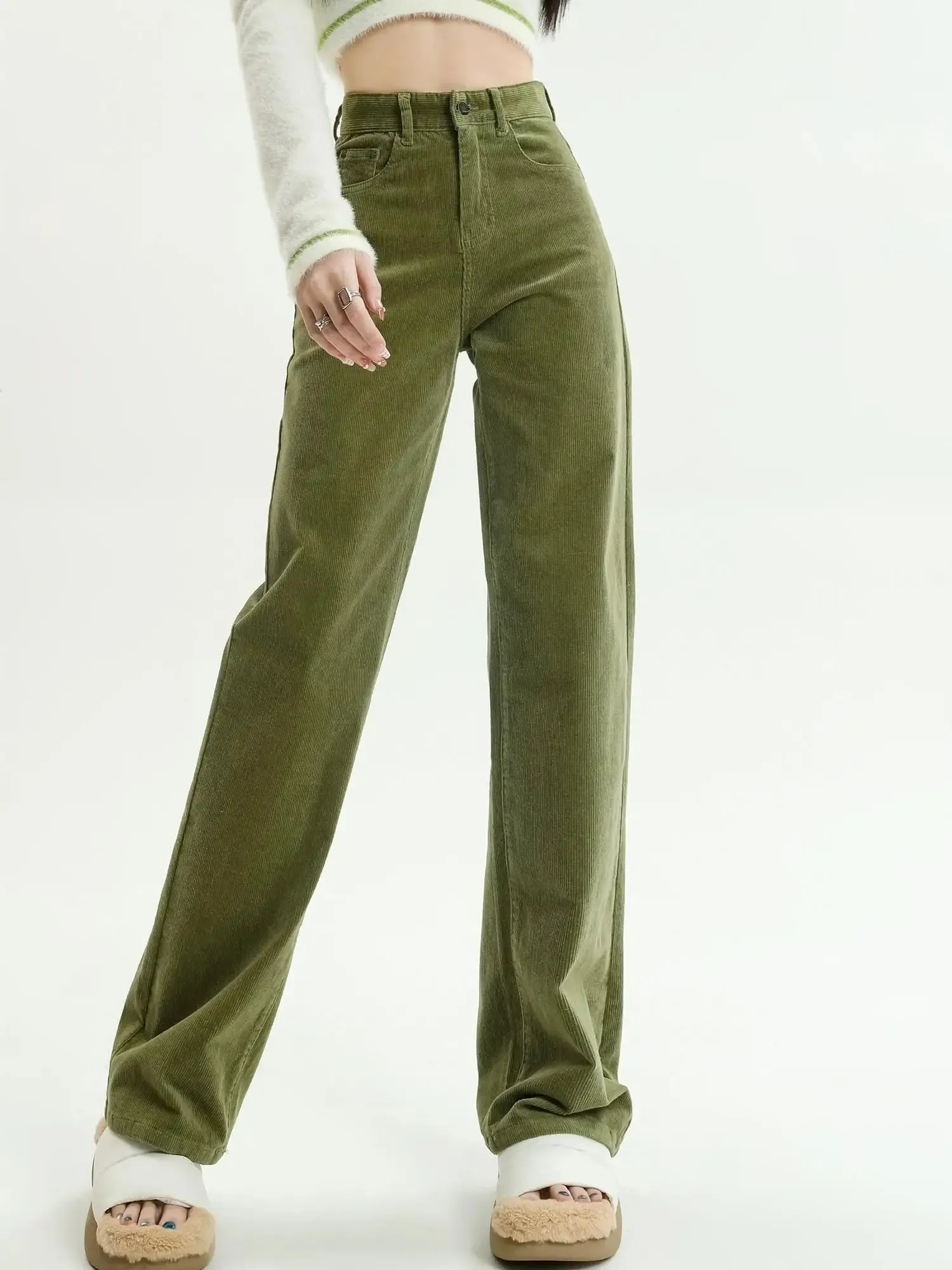 New Corduroy High Waist Full Length Straight Pants